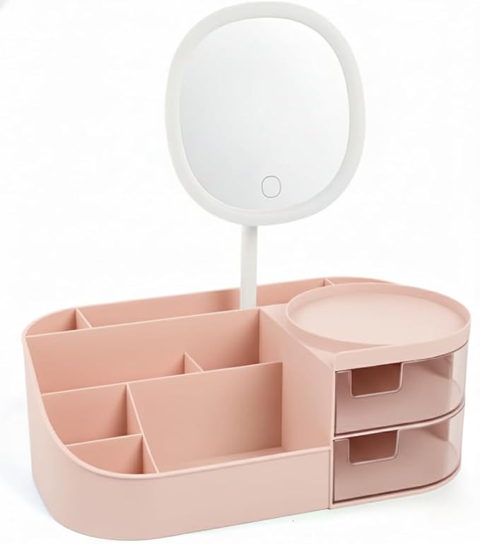 Makeup Organiser with LED Mirror, 2-Tier Drawer Storage Box, Cosmetic Display Case