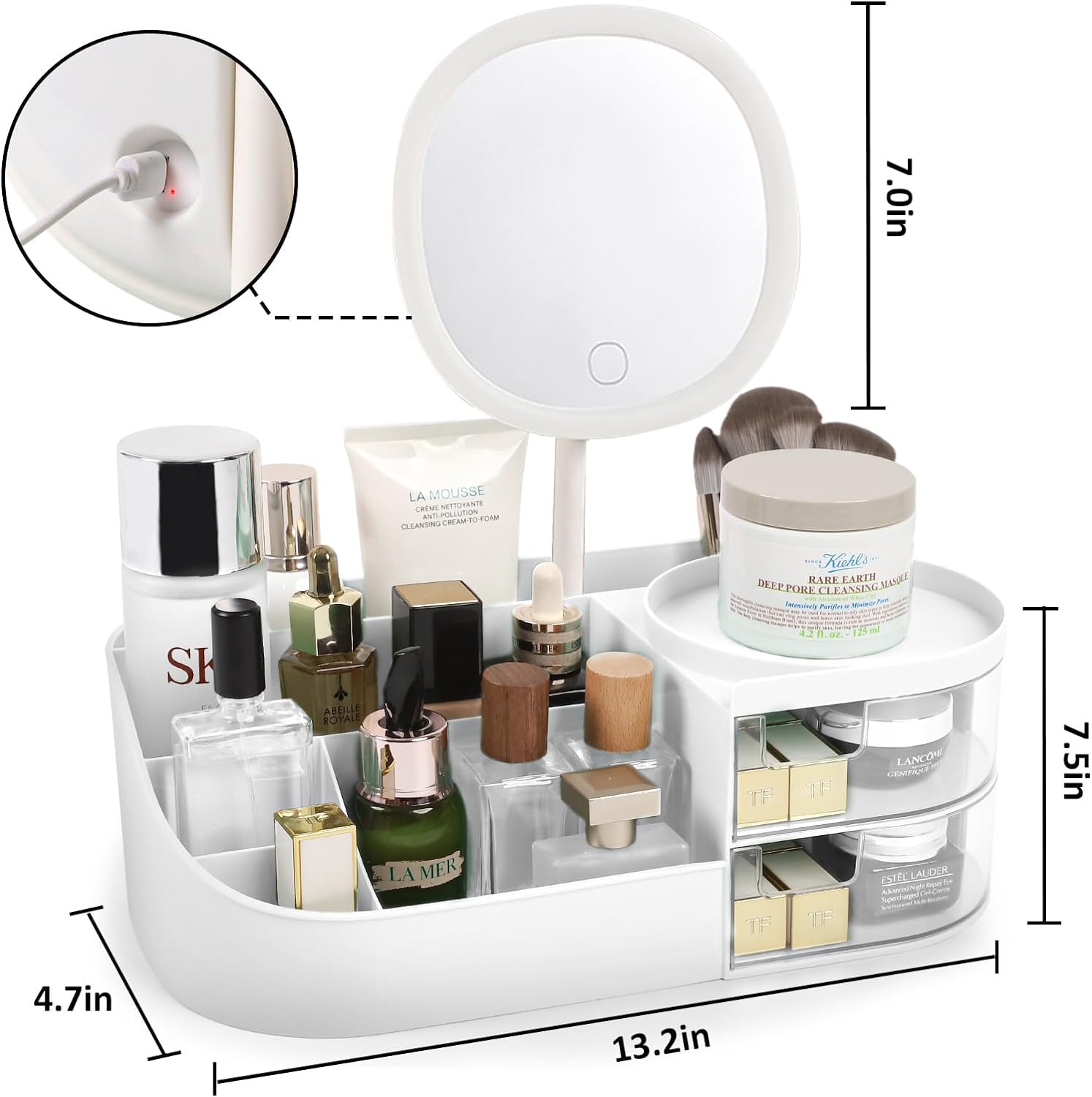 Makeup Organiser with LED Mirror, 2-Tier Drawer Storage Box, Cosmetic Display Case