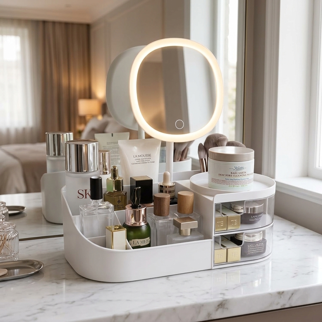 Makeup Organiser with LED Mirror, 2-Tier Drawer Storage Box, Cosmetic Display Case