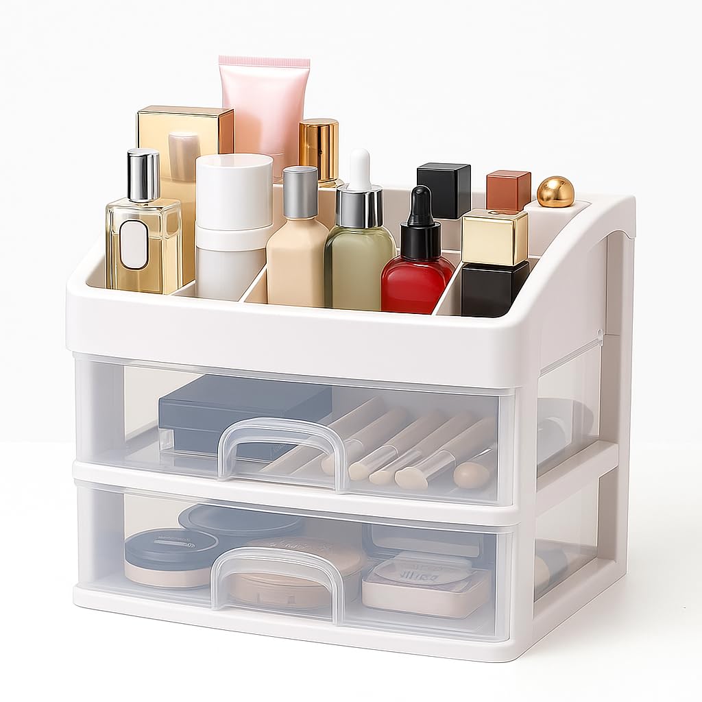 Makeup Organizer Stand with Drawers (White Drawer Organiser, 2 Layer)
