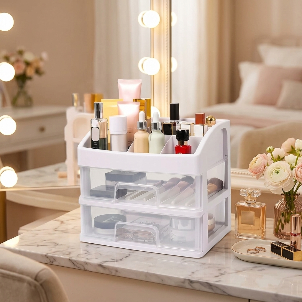 Makeup Organizer Stand with Drawers (White Drawer Organiser, 2 Layer)