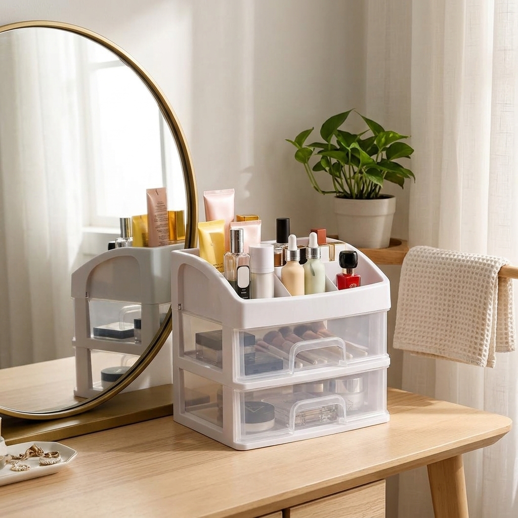Makeup Organizer Stand with Drawers (White Drawer Organiser, 2 Layer)