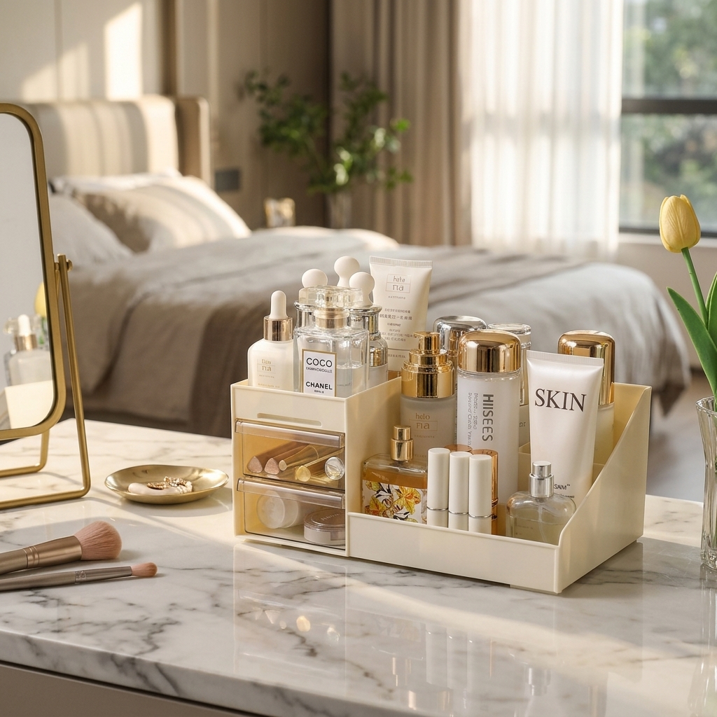 Makeup Organizer Stand with Transparent Drawer (Cream)